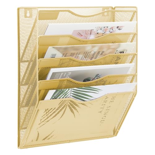 EASEPRES 5 Pocket Mesh Hanging Wall File Organizer, Wall Mounted Mail Paper Document Folder Holder, Clipboard Storage Organization Magazine Rack with Nametag Label for Office Home School, Gold - color: Gold, size: 5 Tier