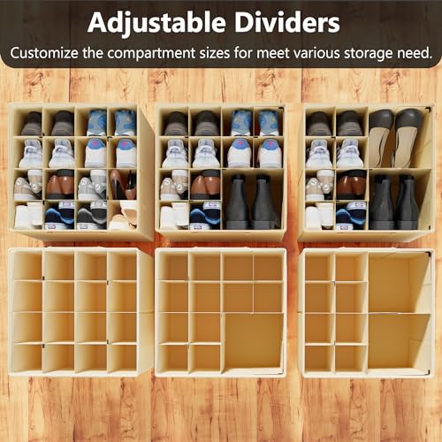 SUOCO 2 Pack Shoe Organizer for Closet, Fits up to 32 Pairs, Small Space Shoe Storage Boxes Bins Containers w/Adjustable Dividers and Clear Top, Black, Beige - color: Beige