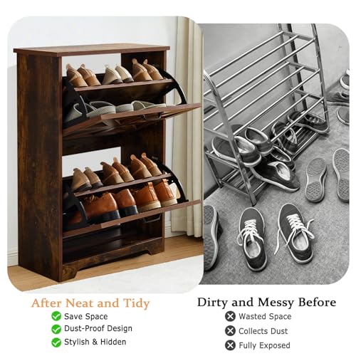 Shoe Storage Cabinet with 2 Flip Drawers, Farmhouse Shoe Organizer with Barn Door Design, Space-Saving Hidden Narrow Shoe Rack Cabinet for Entryway, Hallway & Foyer, Brown - color: Brown, size: 1 pcs-2 Flip Drawers