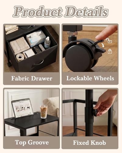 Faesun Swivel Lift Top Nightstand with Charging Station, Rolling Side Table for Recliner, Bedside Table with Wheels & a Fabric Drawer, for Small Spaces, for Bedroom, Living Room, Black - color: Black, size: 1 Drawer