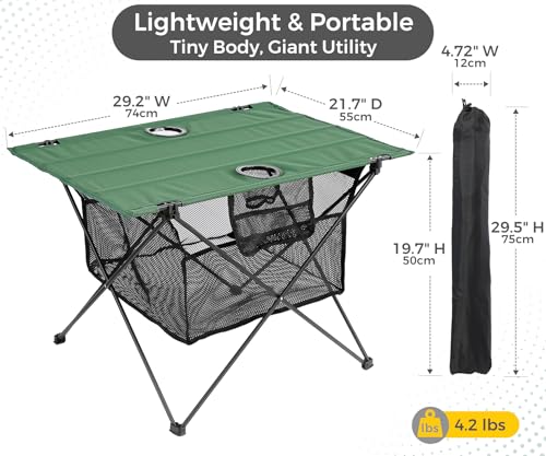 Lightweight Camping Table - Portable Folding Beach Side Table w/2 Cup Holders & Large Storage Basket, Compact Fold for Tailgate Travel Outdoor Fishing Picnic | 29.2" W x 21.7" D (Green) - color: C: Green
