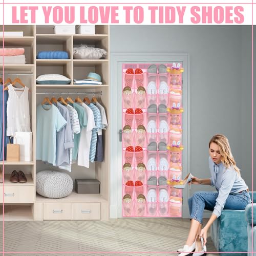 Windyun 40 Over the Door Shoe Organizer Large Breathable Mesh Pockets Pink Hanging Shoe Rack for Closet Behind Door Hanger Storage Holder Nonslip Hooks for Women Entryway Bedroom Utility Room - color: pink