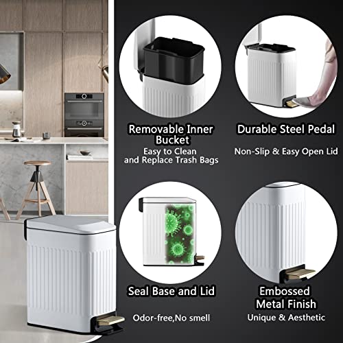 Small Bathroom Trash Can with Lid Soft Close-6L/1.6 Gal Slim Step Garbage Can-Metal Pedal Wastebasket-Narrow Rectangle Garbage Container Bin for Corner Office, Bedroom, Toilet, Live Room-White - color: Embossed-White