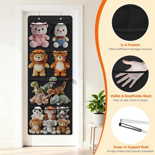 SpaceHacks Stuffed Animal Storage - Large Over the Door Organizer with 6 Expandable Mesh Pockets & Metal Hooks, Non-Woven Fabric Hanging Plush Items Holder for Nursery, Bedroom, Playroom (Black) - color: Black