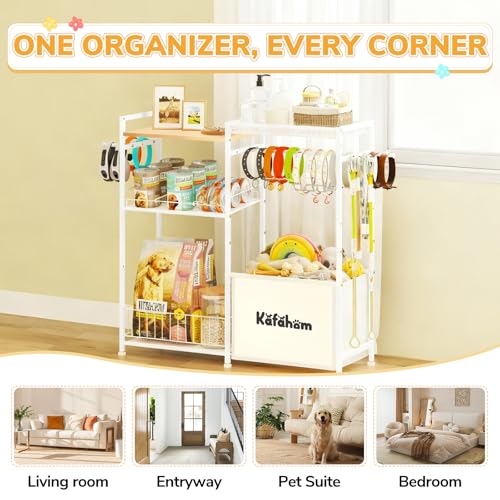 KAFAHOM Dog Toy Basket with Collar Leash Holder Hooks, Large Pet Bin, Dog Toy Box for Living Room Area, Cat Stuff Storage Organizer with Cabinet and Can Dispenser, Great Gifts for Pet Lovers - style: Collar Bar Shelf