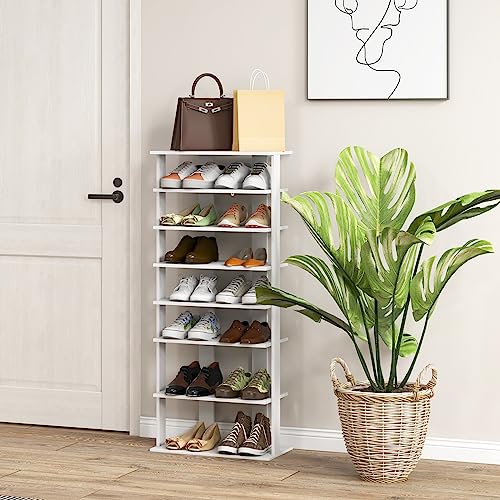 Tangkula 8-Tier Vertical Shoe Rack, Space-Saving Corner Shoe Organizer for 14 Pairs, Narrow Shoe Storage for Entryway, Front Door, or Closet - color: White, size: 10" x 18.5" x 43.5"