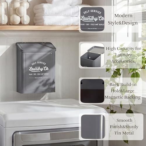 MONJITA Magnetic Lint Bin for Laundry Room, Wall Mounted Lint Trash can with lid for Dryer, Farmhouse Laundry Co Sign, Laundry Room Organization and Storage Decor with Dryer Lint Brush(Grey) - color: Grey