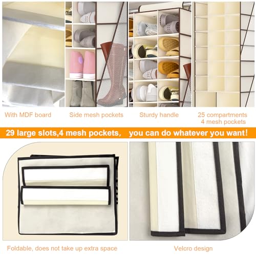 VERONLY Hanging Shoe Organizer for Closet-Collapsible Storage Rack with 25 Sections & 4 Side Pockets, Hanging Shoe Shelves for Hats,and Clothes, Beige - style: 3-Column Beige