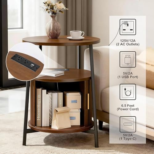 Round End Tables Set of 2: Fluted Side Table with Drawer & Charging Station, Mid-Century Modern Nightstand with Sliding Door for Small Space Storage, Living Room, Bedroom - color: Walnut, size: 2 PACK
