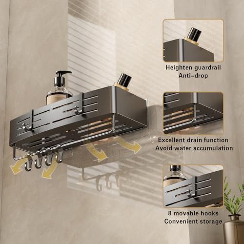 VOLPONE Adhesive Shower Caddy No Drilling Shower Shelves for Inside Shower Heavy Duty Bathroom Organizer Storage Rack with Towel Bar Hooks (2-Pack, Matte Gray) - style: Adhesive strip rectangle with towel bar 2 Tier Gray