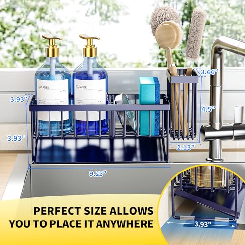 Cisily Navy Blue Sink Caddy Organzier with High Brush Holder, Sponge Holder for Sink, 304 Rustproof Stainless, Kitchen Countertop Soap Dispenser Organizer, Gray Blue Kitchen Decor and Accessories - color: Navy Blue, size: 9.25″