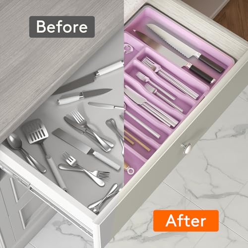 Lifewit Silverware Drawer Organizer, Expandable Utensil Tray for Kitchen, BPA Free Flatware and Cutlery Holder, Adjustable Plastic Storage for Spoons Forks Knives, 13-22 x 15", Purple - color: Purple, size: XL (13-22''W x 15''D)