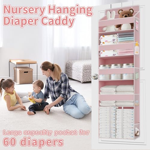 TAHAVICE 1 PC Pink Over the Door Organizer with 1 Large Capacity Caddy, 4 Shelf & 10 Mesh Side Pockets, Pink Stuff Hanging Storage and Girl Essentials Closet Organizer for Cute Room, Bedroom - color: Pink