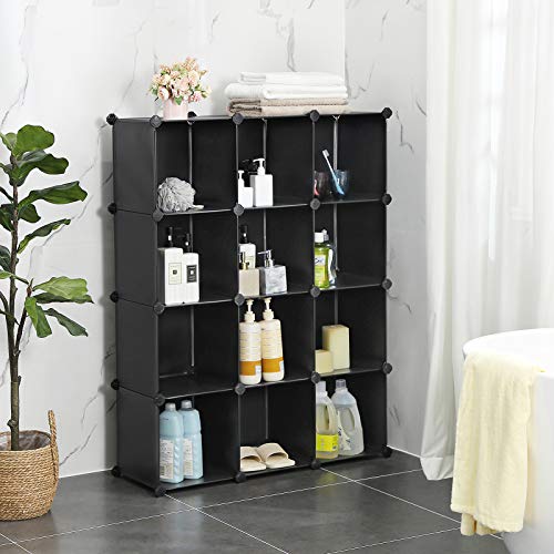SONGMICS Cube Storage Organizer, Set of 12 Plastic Cubes, Book Shelf, Closet Organizers and Storage, Room Organization, Bedroom Living Room, 12.2 x 36.6 x 48.4 Inches, Black ULPC34BK - color: Black, size: 12 Cubes, style: without doors