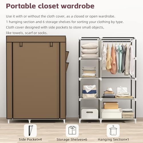 Calmootey Portable Closet Organizers, Clothing Storage, Wardrobe with 6 Shelves and Hanging Rod, Non-Woven Fabric Cover with 4 Side Pockets, Brown - color: Brown