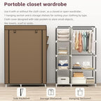 Calmootey Portable Closet Organizers, Clothing Storage, Wardrobe with 6 Shelves and Hanging Rod, Non-Woven Fabric Cover with 4 Side Pockets, Brown - color: Brown
