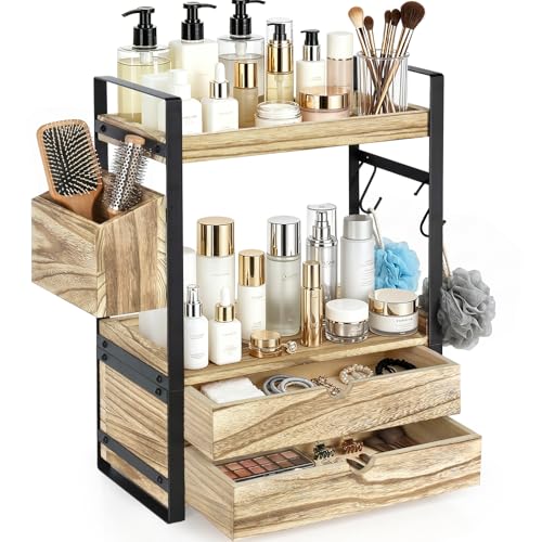 2-Tier Bathroom Counter Organizer with 2 Drawers, Basket and Hooks, Wood Bathroom Organizers and Storage for Countertop, Farmhouse Bathroom Countertop Organizer for Vanity, Kitchen, Coffee Bar, Office - color: Brown With 2 Drawers