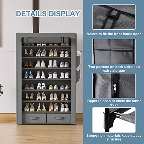 OYREL Shoe Rack Storage Cabinet 32 Pairs Organizer Shelf Tall for Shoes Large Free Standing Racks Vertical Shoe Holder Stand with Cover Two Boxes Closet - size: 8Tier with 2bins Grey