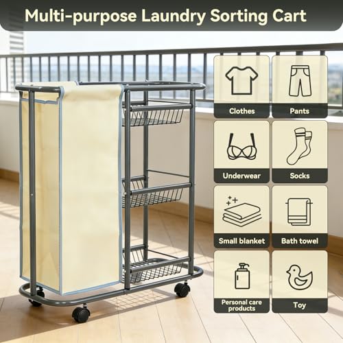Narrow Laundry Cart with Wheels,3 Baskets and 45L Laundry Bag Metal Rolling Cart for Small Space,Laundry Room Organization and Storage for Bathroom Living Room Apartment Dorm