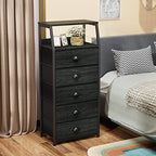 Furnulem Black Dresser with 5 Drawers, Vertical Storage Tower Fabric Dresser for Bedroom, Hallway, Entryway, Nursery, Closet Organizer, Nightstand Bedside Table Furniture, Sturdy Steel Frame, Wood Top - color: Black Oak, style: 5 Drawers