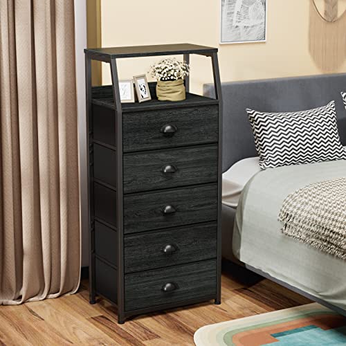 Furnulem Black Dresser with 5 Drawers, Vertical Storage Tower Fabric Dresser for Bedroom, Hallway, Entryway, Nursery, Closet Organizer, Nightstand Bedside Table Furniture, Sturdy Steel Frame, Wood Top - color: Black Oak, style: 5 Drawers