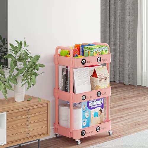 Laiensia 3-Tier Rolling Cart with Wheels,Multifunction Utility Storage Carts, Kitchen Storage Organizer,Mobile Shelving Unit for Bathroom,Laundry,with Classified Stickers,Pink - color: Pink, size: 3-Tier