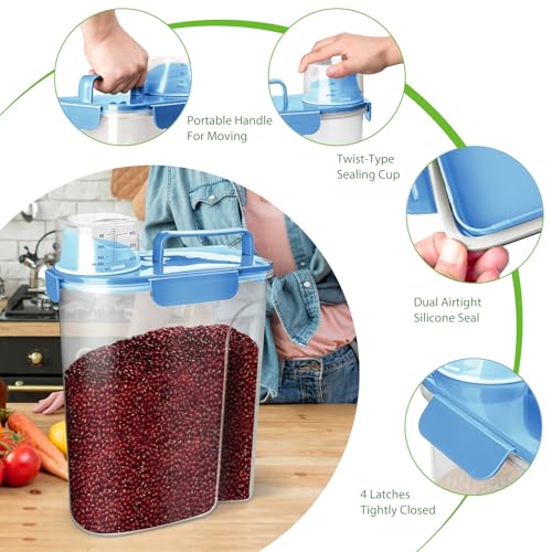 Viretec Rice Storage Container, 5 to 10lb Dry Food Airtight Dispenser, Pet Dog Cat Food Canister, BPA Free Clear Plastic Kitchen and Pantry Organization Bin for Oatmeal, Grain, Cereal, Pasta, Flour - color: 6L/Blue