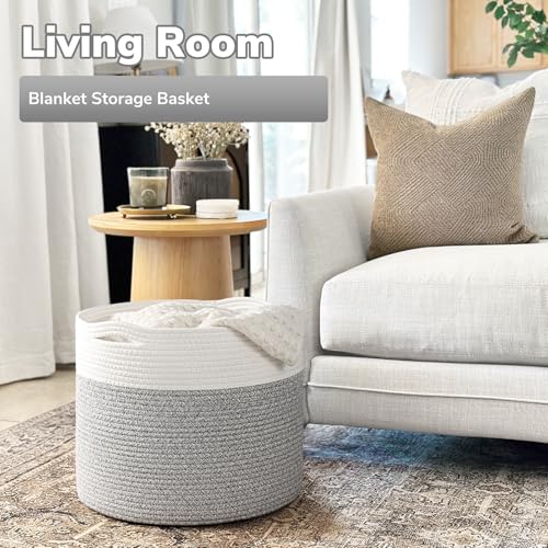 Goodpick Blanket Basket, 15.8"x15.8"x13.8" Woven Rope Basket for Blankets, Kids Toy Storage Organizer Bins, Toy Storage for Nursery, Light & Grey - color: Light Grey, size: 15.8x15.8x13.8 Inch (Pack of 1)