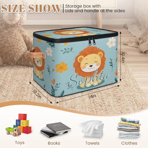 Custom Storage Basket with Name, Personalized Storage Bins with Zipper Lid, Foldable Fabric Storage Box Large capacity with Handle Flower Lion - color: Option 10