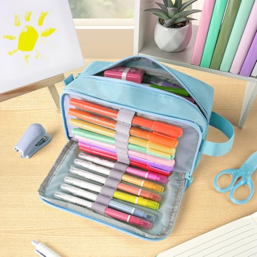 Sooez Original High Capacity Pencil Case, Big Pencil Bag Pouch Box Organizer Pen Case, Aesthetic Supply for Girls Adults, Portable Journaling Supplies with Easy Grip Handle & Loop, Blue - color: Light Blue