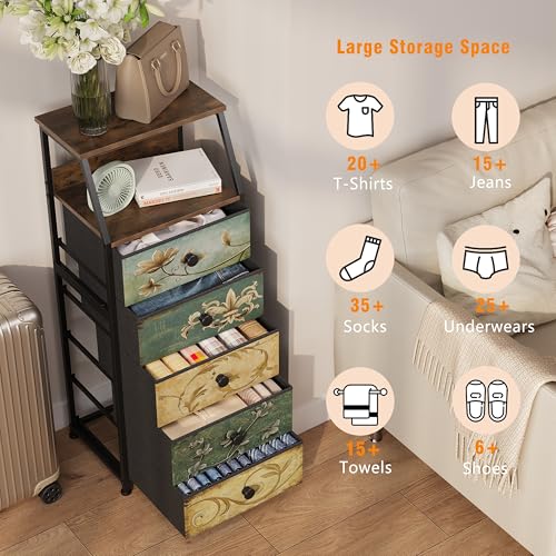 Tohomeor Nightstand with Fabric Drawers Dresser with 2 Tier Shelf Storage Tower for Bedroom Hallway Entryway Closet Organizer Sofa Beside Table Furniture (Multi, 5 Drawers) - size: 15.7"D x 11.8"W x 39"H (5 Drawers)