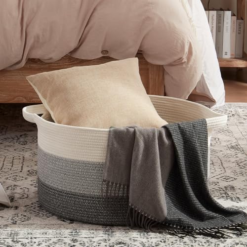 OIAHOMY 90L Blanket Basket for Living Room, Large Basket 23" x 23" x 13" with Handle, Laundry Hamper for Blankets, Pillows, Toy Storage for Kids, Dogs - Gradient Grey - color: Gradient Grey, size: 23" x 23" x 13"