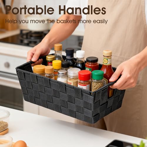 Black Storage Baskets for Shelves, Woven Shelf Baskets for Organizing, Small Strap Organizer Basket for Bathroom Storage, Set of 4 - color: Woven Strap Black, size: 4 Pack