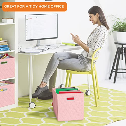FH Group JIAessentials 12" Faux Leather Foldable Storage Cube Bins Set of 2 – Pink Diamond Patterned Organizers with Handles for Closet & Shelves - color: Pink, size: Medium