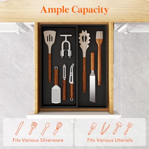 Lifewit Utensil Organizer for Kitchen Drawer, Expandable Cooking Silverware Tray, Adjustable Cutlery Flatware Holder, Plastic Spatula Tools Storage Divider, 12.9 x 16.1", Black - color: Black, size: 12.9*16.1*1.8 inch (2 Slots)