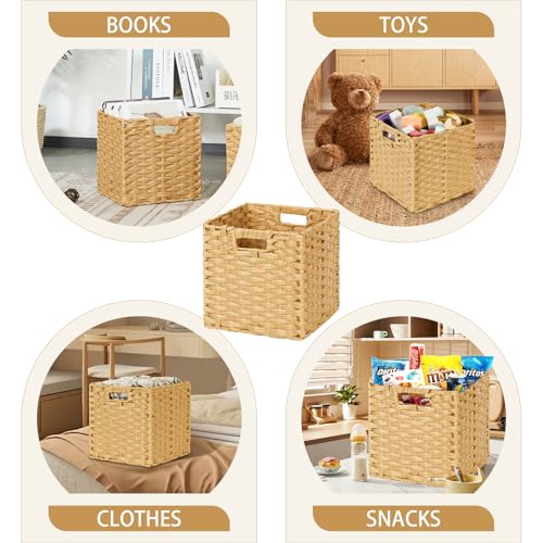 DULLEMELO Wicker Storage Baskets with Handles, Foldable Storage Cubes Set of 2 Plastic Wicker Baskets for Organizing Shelves,11 Inch Cube Baskets, Natural - color: Natural, size: 11in-2 pack
