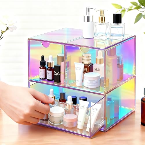 Gelite Desk Organizer with 3 Storage Drawers for Makeup Office Acrylic Desktop Drawer Organizer for Vanity Office Organization and Storage Box, Iridescent - color: Iridescent