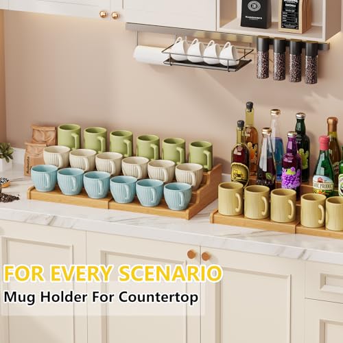 Hongtamoya 3-Tier Expandable Bamboo Mug Holder For Countertop Coffee Cup Holder Display Mug Organizer Mug Rack for Coffee Bar Organizer Mug Shelf for Cabinet for Kitchen, Home - size: (12.40~24.01'')L*10.62''W*4.33''H