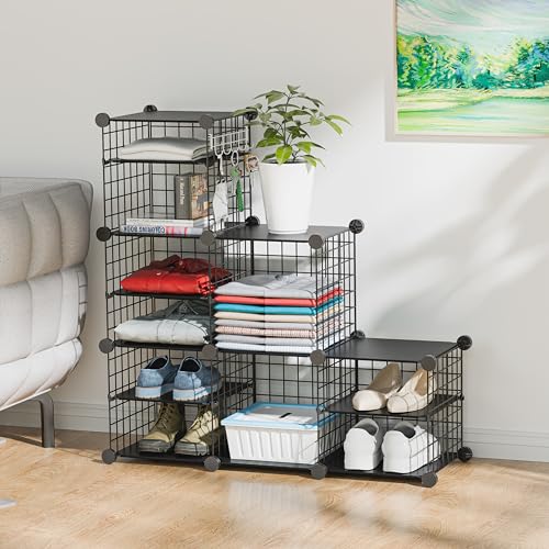 Wire Cube Storage Organizer, 6 Cubes Converted into 7 Cubes, Sturdy Metal Grids Storage Shelf Closet Shelving Units and Storage, Shelves for Bedroom LIvingroom Office - color: Black, size: 6 cubes
