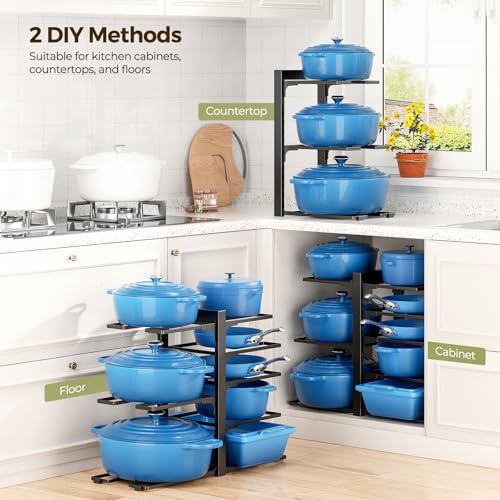 LAMU Pots and Pans Organizer Organizer under Cabinet 15.83" Height, 8 Adjustable Tier Heavy Duty 120LB Pot and Pan Organizer Rack inside Cabinet for Cast-iron Pan, Heavy Skillets Griddle, Shallow Pot - color: Black, size: L-8Tier-15.8“H