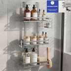 Over the Door Shower Caddy Hanging, Rustproof Shower Shelves with Waterproof Phone Pouch, Adjustable Bathroom Organizers and Storage, No Drilling Shampoo Soap Shelf (Silver 3-Tier) - size: Silver 3-Tier