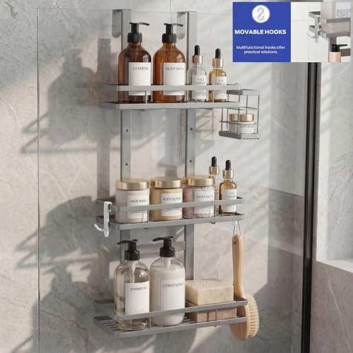Over the Door Shower Caddy Hanging, Rustproof Shower Shelves with Waterproof Phone Pouch, Adjustable Bathroom Organizers and Storage, No Drilling Shampoo Soap Shelf (Silver 3-Tier) - size: Silver 3-Tier