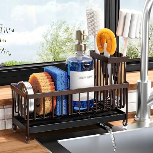 Cisily Brown Sponge Holder for Kitchen Sink, Sink Caddy Organizer with High Brush Holder, Kitchen Countertop Organizers and Storage Essentials, Rustproof 304 Stainless Steel, Soap Dispenser Organize - color: Brown
