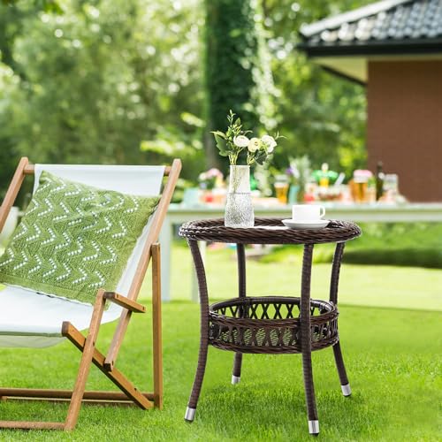 Outdoor Side Table Wicker Outdoor End Table for Patio Rattan Side Table for Outside Brown Patio Coffee Table with Storage & Glass Table Top Round for Backyard Porch - color: Brown