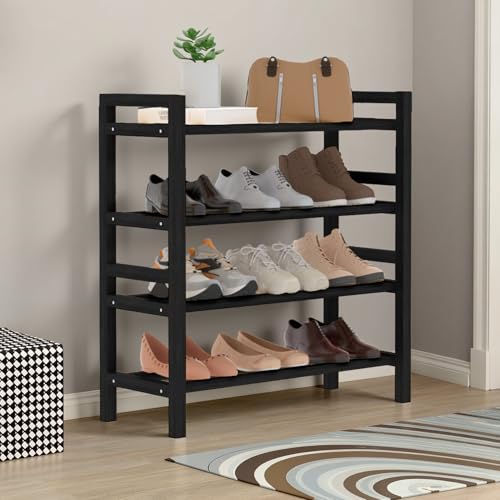 Haddockway Bamboo Shoe Rack for Closet, Free Standing Shoe Organizer with Smooth Round Rods & Convenient Handles, Stackable Shoe Storage Shelf for Entryway, Hallway(Black, 4-Tier(Small)) - color: Black, size: 4-Tier_Small
