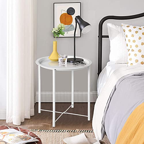 VECELO Side/End Table, Folding Round Metal Anti-Rust and Waterproof Outdoor or Indoor Tray for Living Room Bedroom Balcony and Office, 1 PCS, Beige - color: Beige, size: 1 PCS