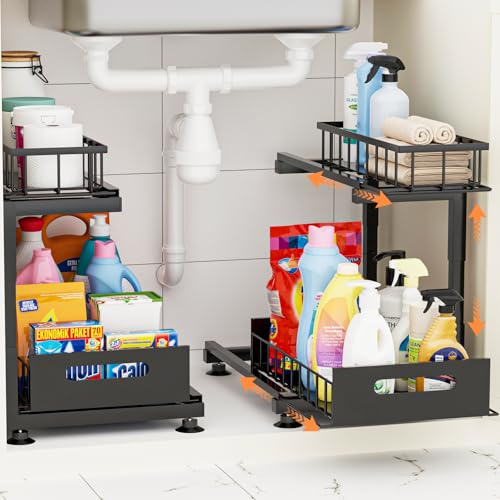 Under Sink Organizer, Heavy Duty Metal Pull Out Cabinet Organizer Slide Out Sink Shelf Organizer Height Adjustable, Multi-Purpose Storage Shelf for Kitchen Bathroom(Black,2Pack) - color: Black, size: 2 Pack