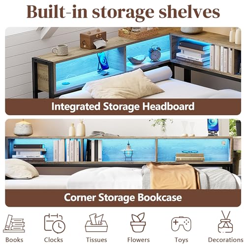 HRVEOCEI Corner Bed Frame Twin with Storage Bookshelf & Desk, U-Shaped Daybed Frame with 2 Drawers, Metal Corner Beds with Charging Station & LED Lights for Bedroom, Flip Left or Right (Grey, Twin) - color: Grey, size: Twin