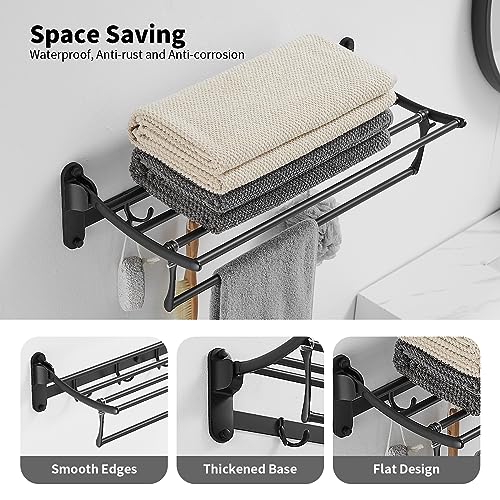 BESy 24 Inch Matte Black Towel Racks, Bathroom Towel Shelf with Foldable Towel Bar Holder and Towel Hooks, Wall Mounted Multifunctional Bathroom Accessories, Double Towel Bars - color: Matte Black