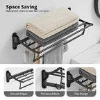 BESy 24 Inch Matte Black Towel Racks, Bathroom Towel Shelf with Foldable Towel Bar Holder and Towel Hooks, Wall Mounted Multifunctional Bathroom Accessories, Double Towel Bars - color: Matte Black
